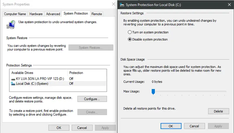 Chọn ổ đĩa muốn tắt System Restore - Nhấn Configure... Chọn Disable system protection - Chọn Apply - Chọn Yes.